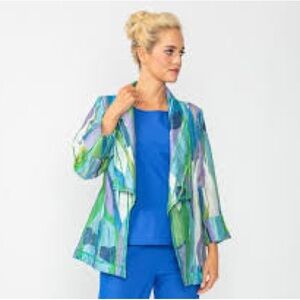 IC COLLECTION Blue Multi-Color Watercolor Print Open Jacket